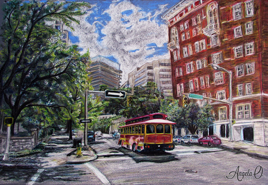 Colored pencil painting of downtown Birmingham, AL.