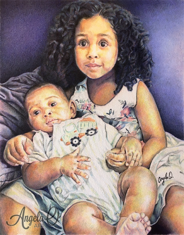 Painting of a toddler and her baby brother against a purple background.