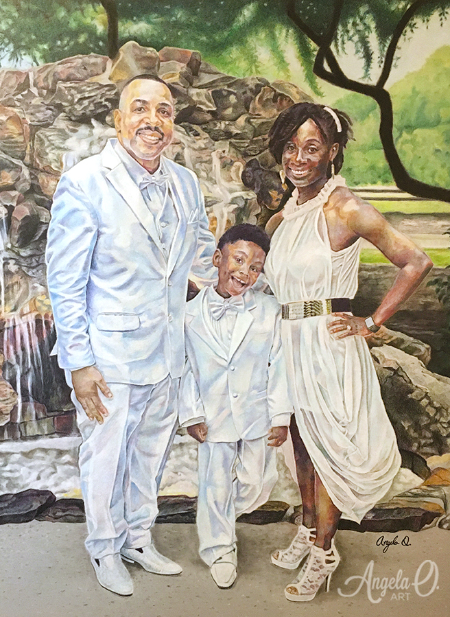 Portrait drawing/ painting of a family wearing all white.