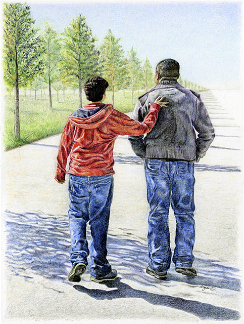 Colored pencil drawing of a father and son walking down a path.