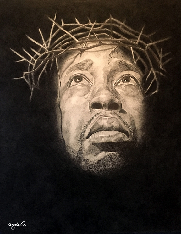 Black and white drawing of jesus christ looking up.