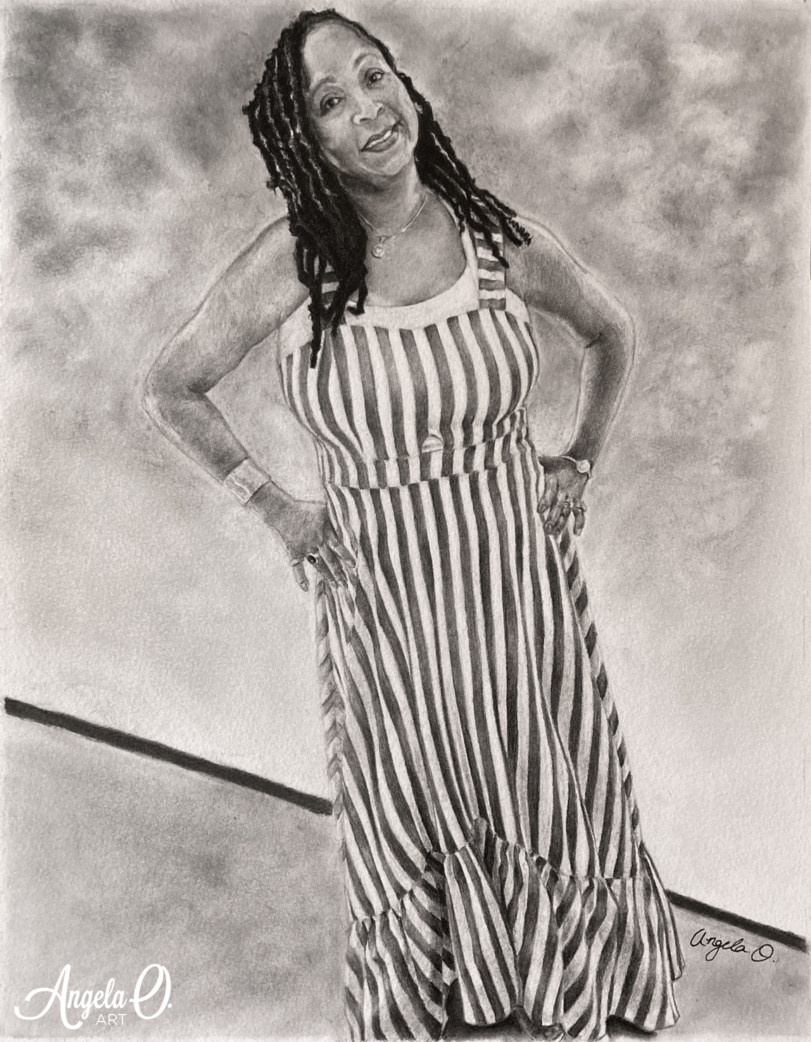 pencil drawing of a lady in a striped dress.