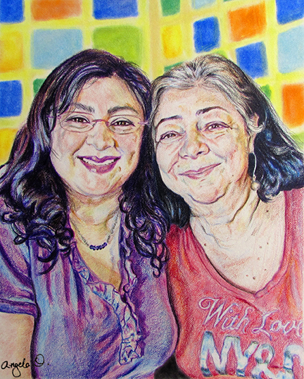 Colorful drawing of a daughter and mother with abstract background.