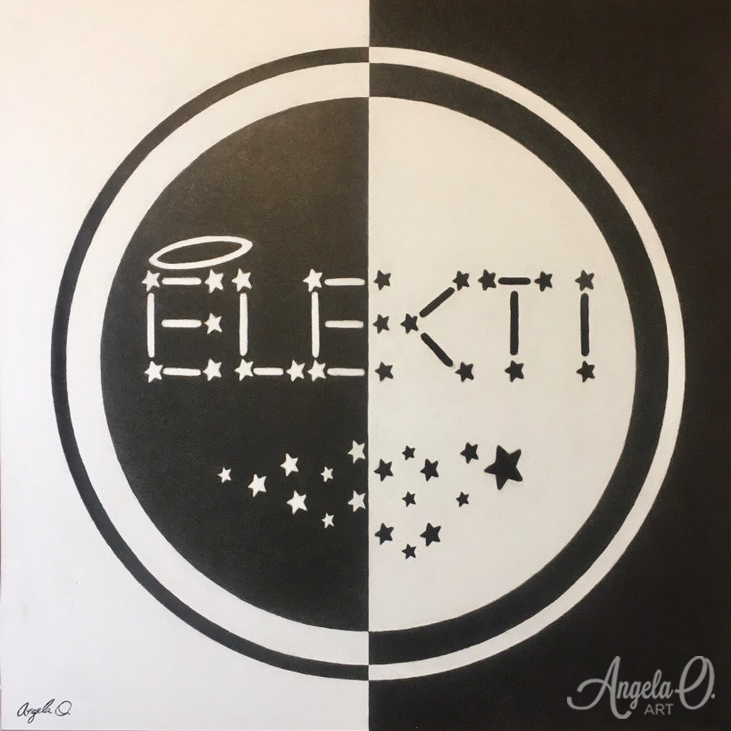 Black and white drawing of the circular Elekti logo.