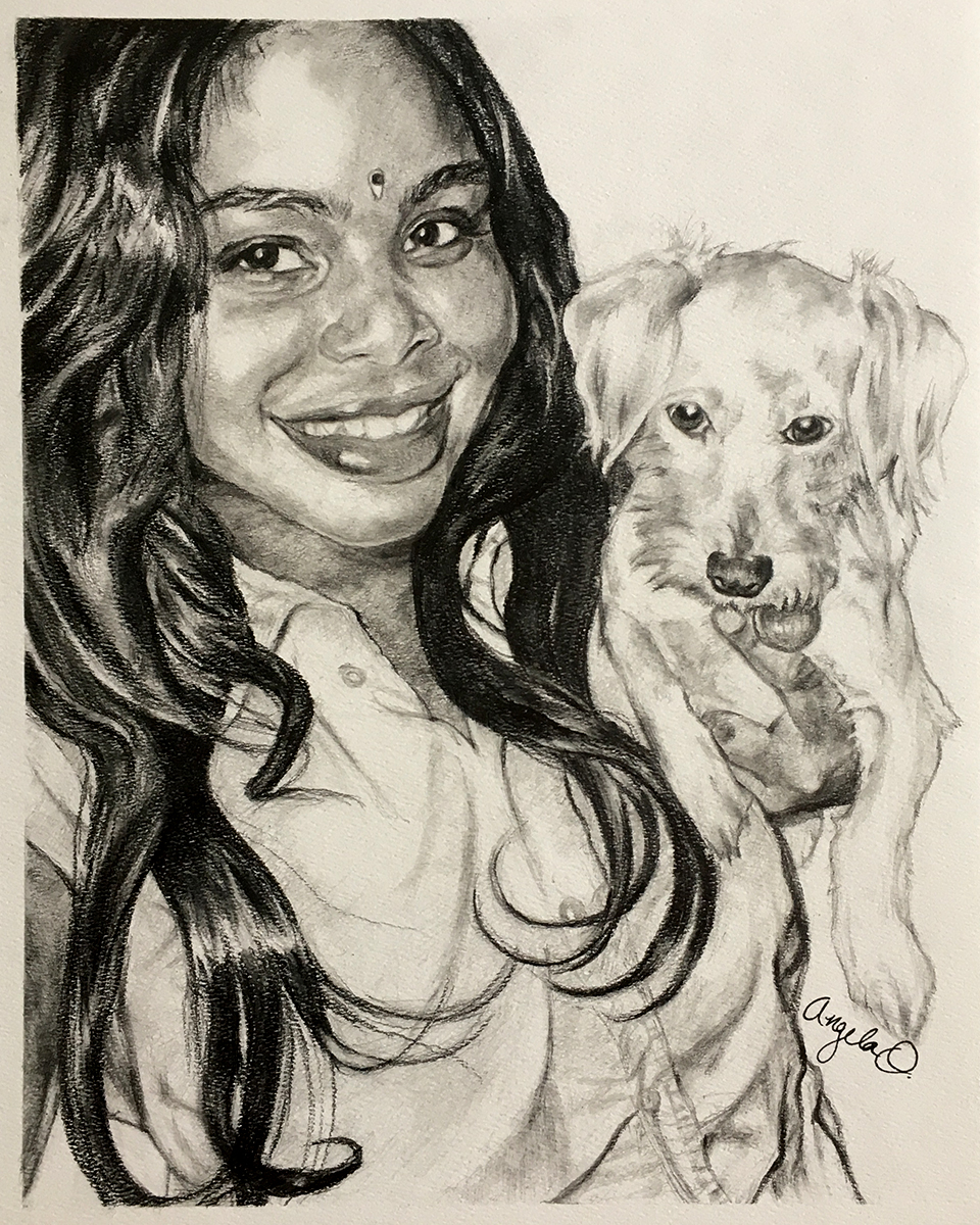 Black and white drawing of a woman and her dog.