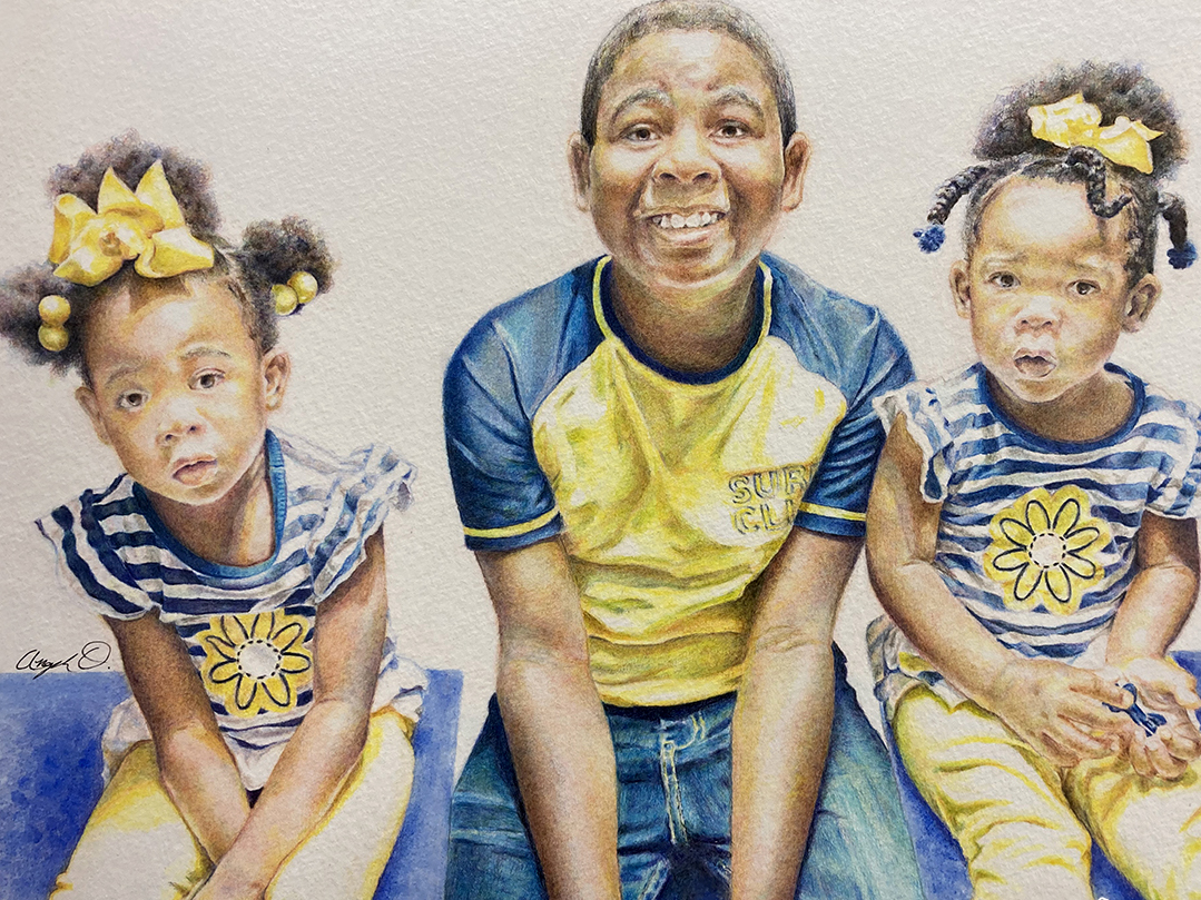 3 children wearing yellow and blue clothing.