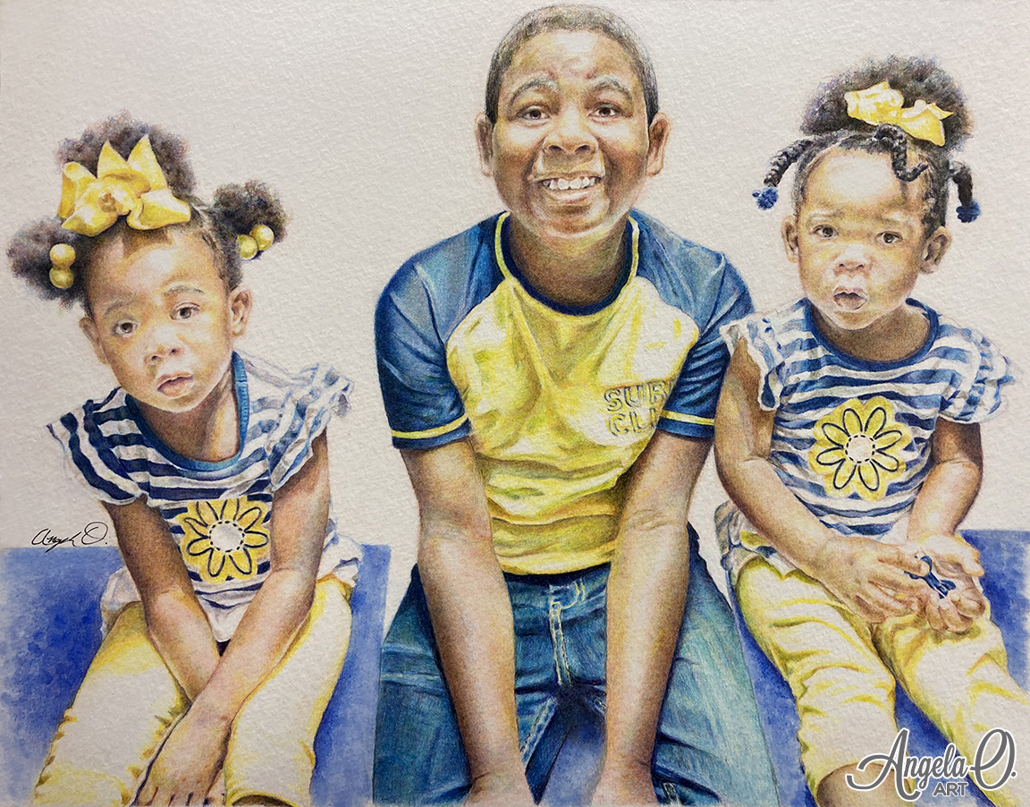 3 children wearing yellow and blue and clothing.