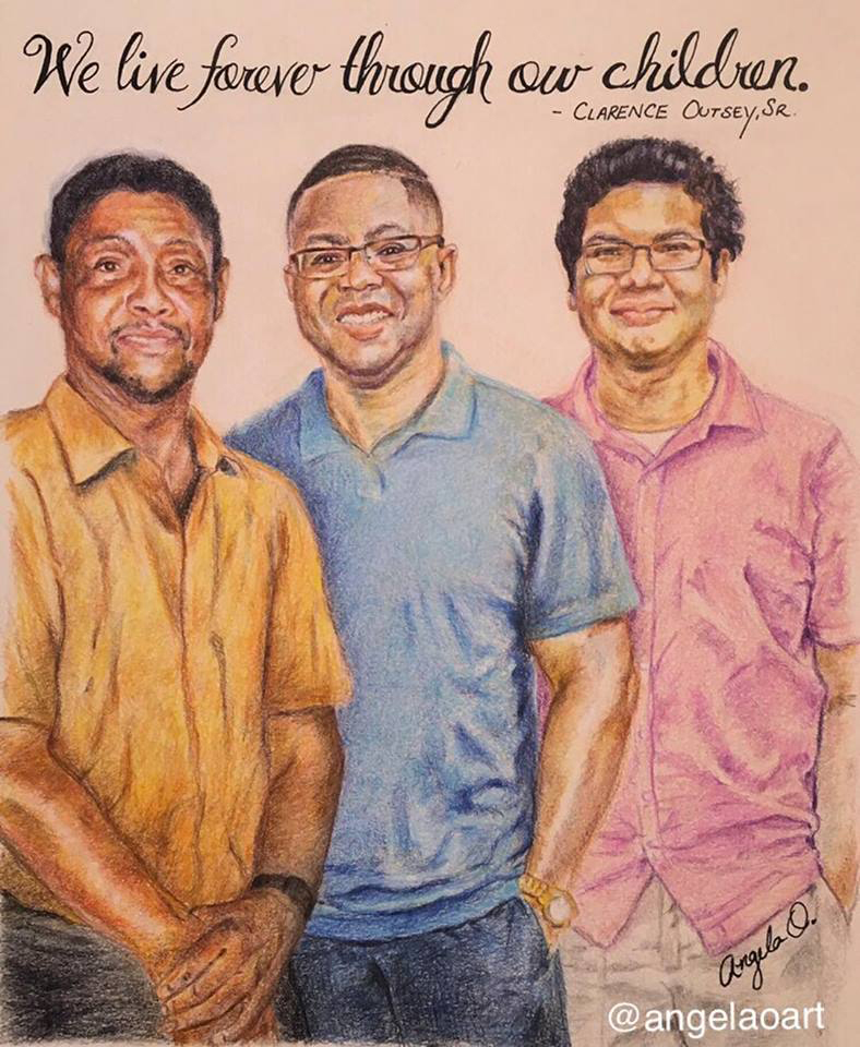 Detailed portrait drawing of 3 men wearing different color shirts..