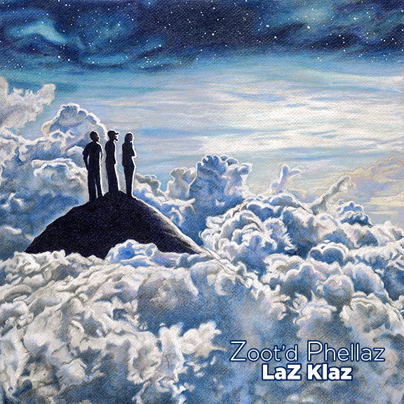 Drawing of three men on a hill in the heavens.